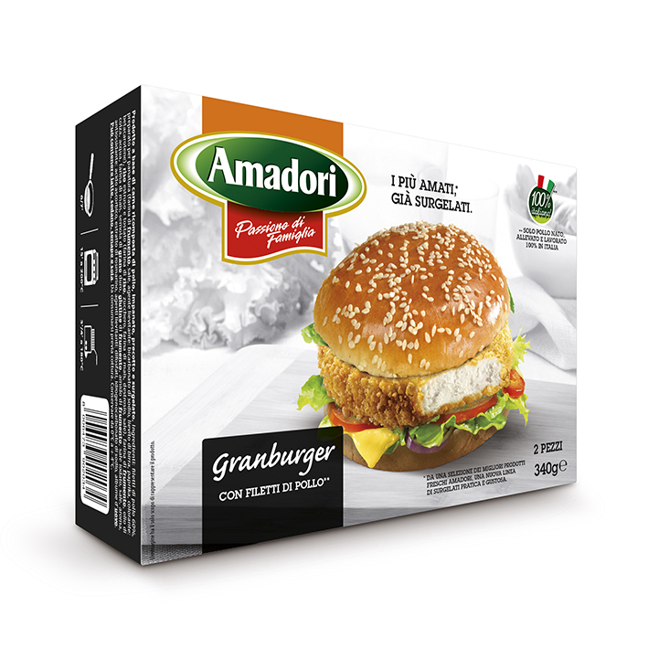 Menabò, agenzia di comunicazione a Forlì, per la linea “I più amati, già surgelati” di Amadori” - Packaging astuccio gran burger