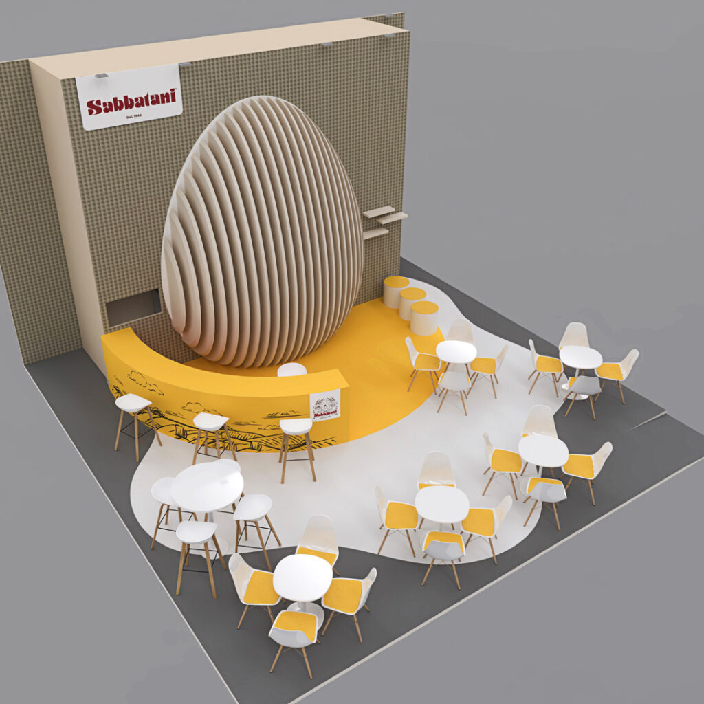 The stand experience that brings the brand to life. - Immagine 2 Rendering of the Sabbatani booth for Fieravicola 2025, featuring a dramatic three-dimensional egg at the center, a yellow illustrated counter, white and yellow seating, and a two-tone contoured floor evoking a sunny-side-up egg.