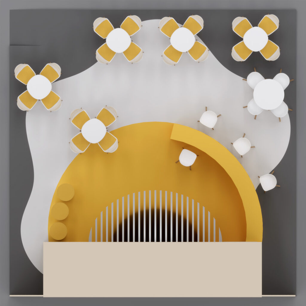 The stand experience that brings the brand to life. - Immagine 1 Top-down view of the Sabbatani booth rendering for Fieravicola 2025, featuring a circular layout of furnishings, a yellow counter, a central area shaped like an egg yolk, and white and yellow seating around small tables, all set on a wavy white floor evoking the look of a sunny-side-up egg white.