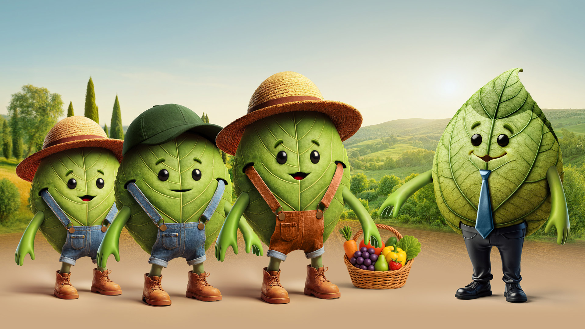 The value of the supply chain at the heart of an integrated communication project - Immagine 2 A group of anthropomorphic leaf-shaped characters representing the fruit and vegetable supply chain, dressed as farmers and managers, set against a rural, hilly backdrop.