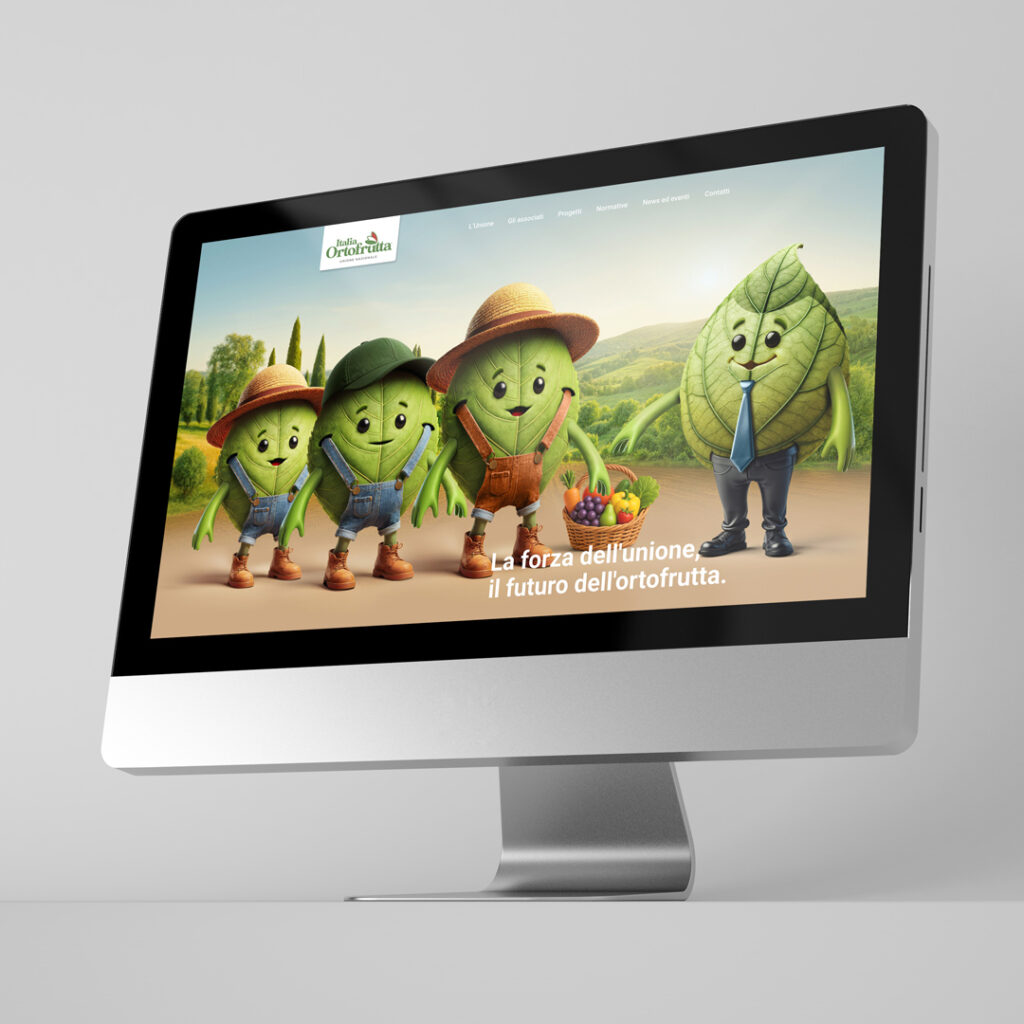 The value of the supply chain at the heart of an integrated communication project - Immagine 3 Mockup of Italia Ortofrutta’s official website displayed on an iMac screen, featuring the key visual and the tagline 'The strength of unity, the future of fruit and vegetables.