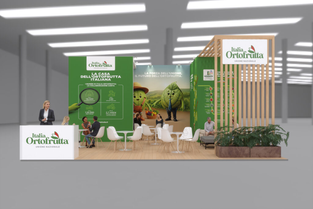 The value of the supply chain at the heart of an integrated communication project - Immagine 5 Front view of Italia Ortofrutta’s institutional booth at the Macfrut 2025 trade fair, featuring graphic visuals, meeting areas, and the key visual of the new brand identity.
