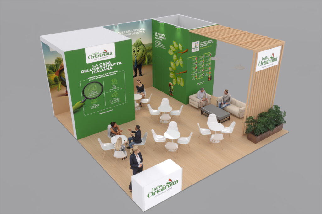 The value of the supply chain at the heart of an integrated communication project - Immagine 4 A top-down view of Italia Ortofrutta’s institutional booth at the Macfrut 2025 trade fair, featuring graphic visuals, meeting areas, and the key visual of the new brand identity.