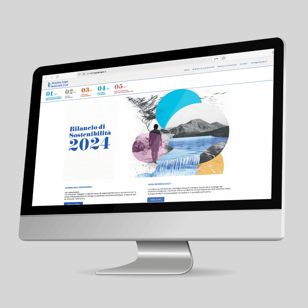 Versione digitale del Bilancio di sostenibilità Romagna Acque 2024 visualizzata su sito web.