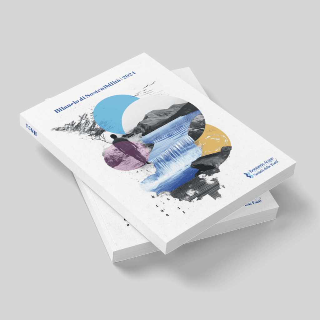 Bilancio di sostenibilità Romagna Acque 2024, vista della copertina e di una doppia pagina interna.