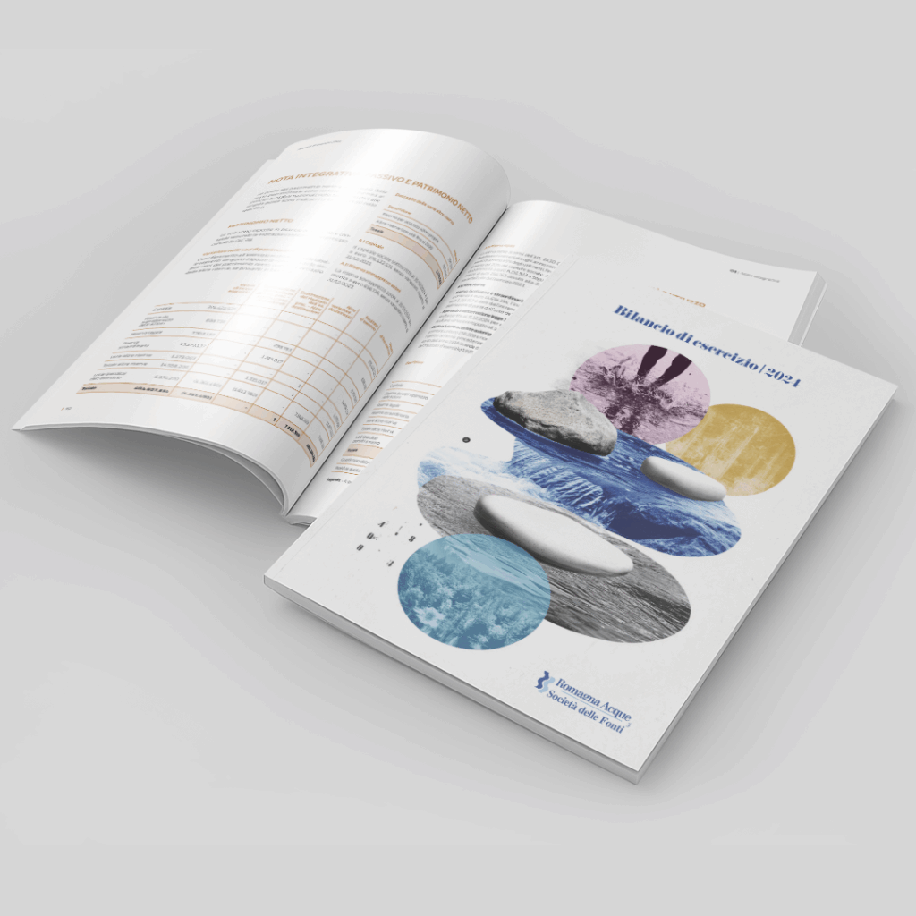 Bilancio di esercizio Romagna Acque 2024, vista della copertina e di una doppia pagina interna.