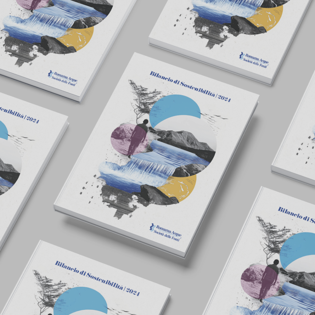 Copertina del Bilancio di sostenibilità Romagna Acque 2024, progetto editoriale e identità visiva a cura di Menabò