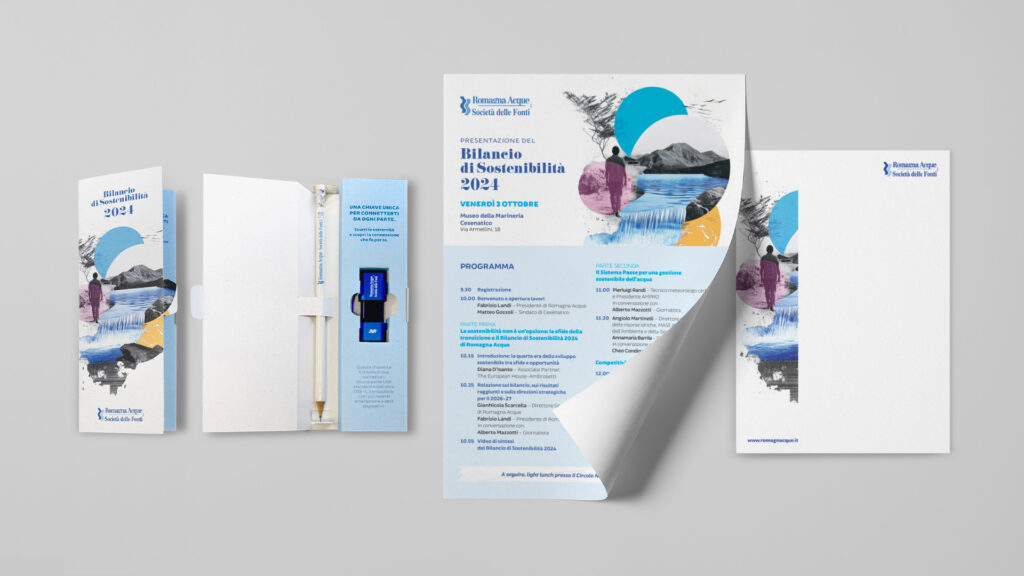 Inviti e materiali di comunicazione coordinati per l’evento di presentazione del Bilancio di sostenibilità Romagna Acque 2024