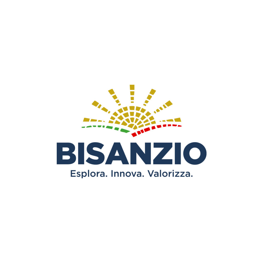 Logo di Bisanzio con un sole fatto di tessere di mosaico, il logotipo BISANZIO e sotto il payoff "Esplora. Innova. Valorizza."
